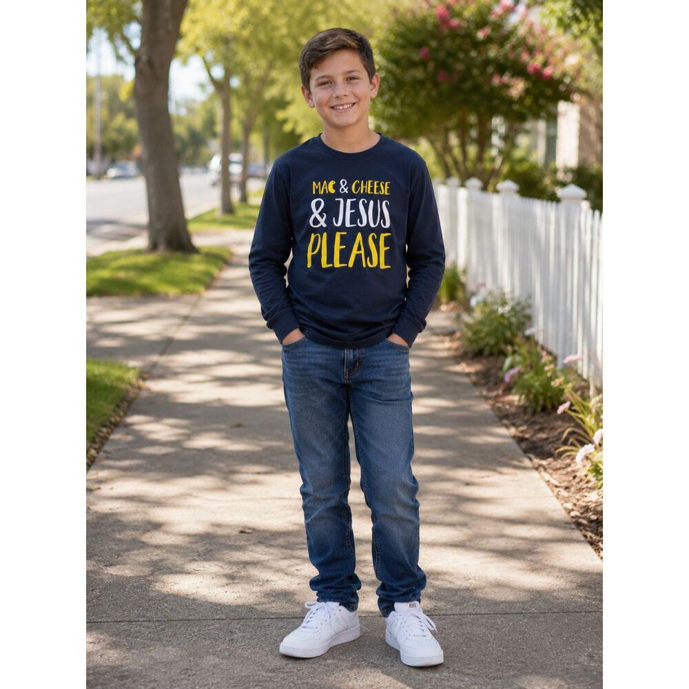 Navy Blue Long Sleeve Mac & Cheese And Jesus Please Tee Youth Large Christian